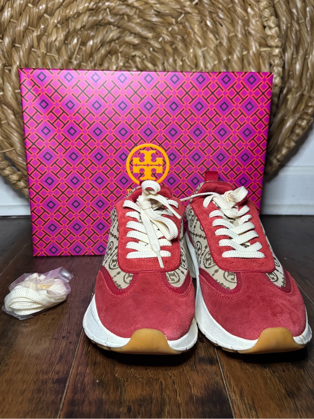 Tory Burch T Monogram Good Luck Trainers Hazel + Tory Red Low Top (Size 8.5)